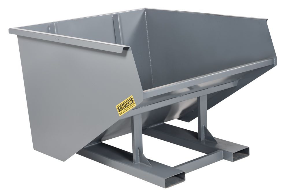 Gray industrial steel dump hopper on a metal stand.