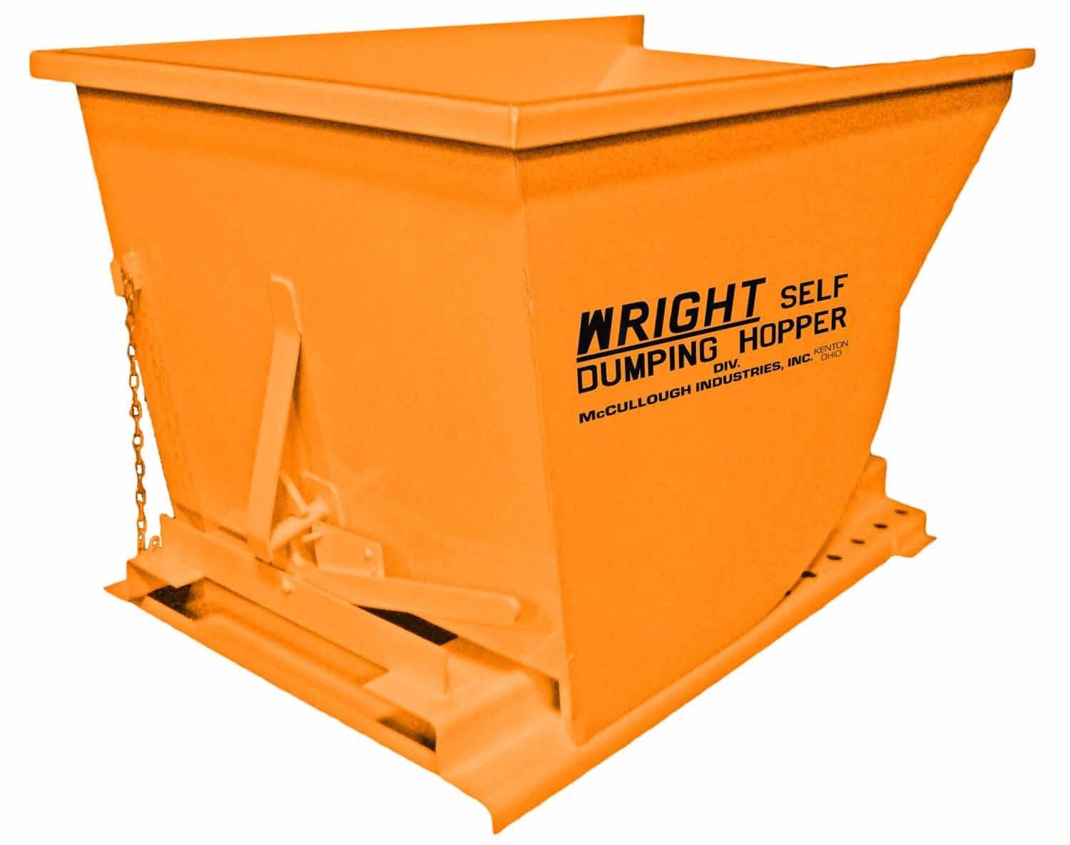 Orange self-dumping hopper on a pallet. Has the word 