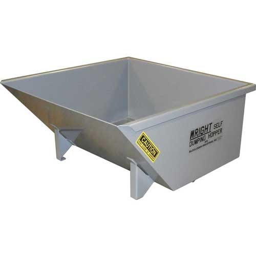 Gray metal self-dumping hopper bin, with support legs and a caution label.