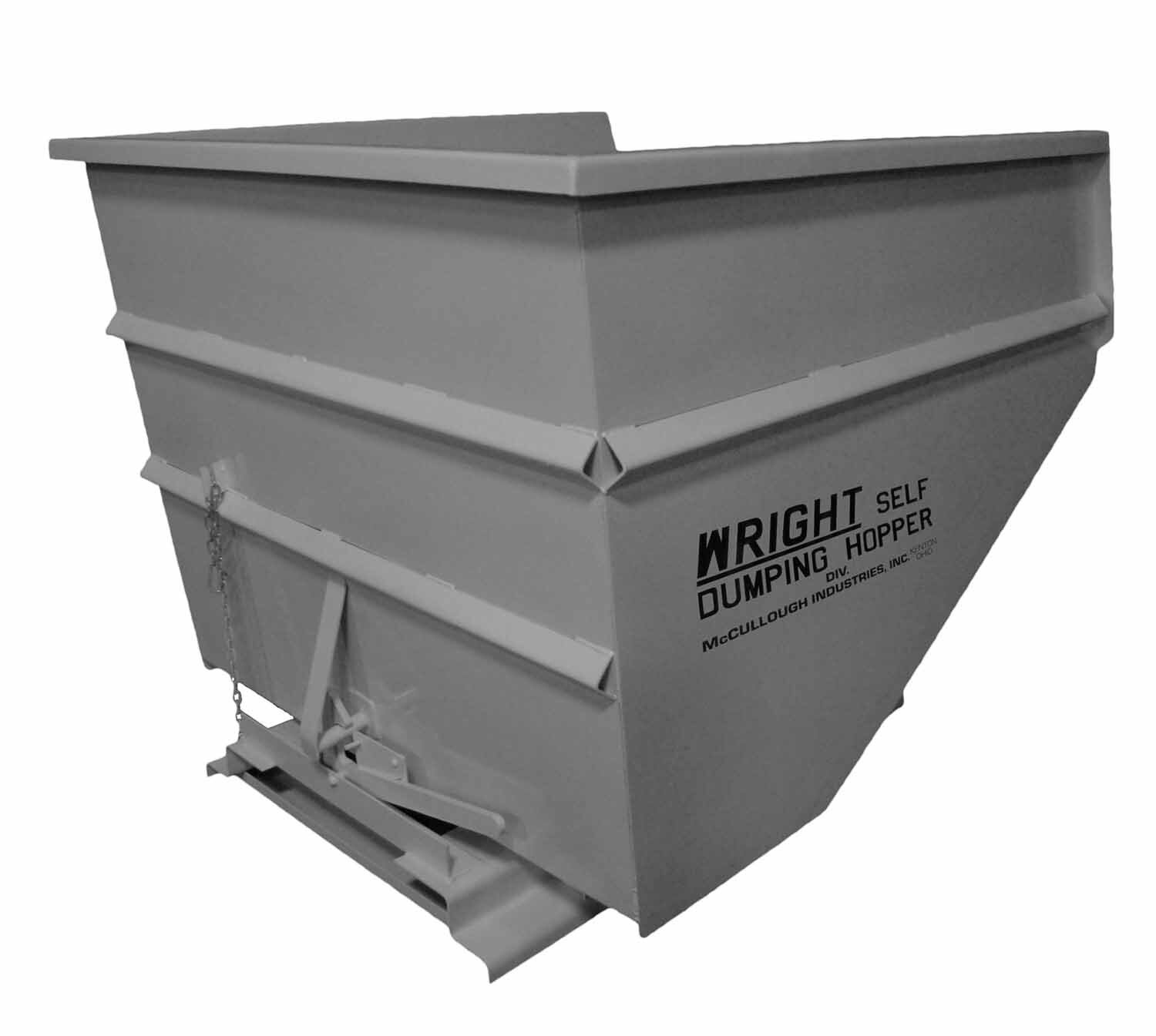 Gray metal self-dumping hopper on a factory floor. 