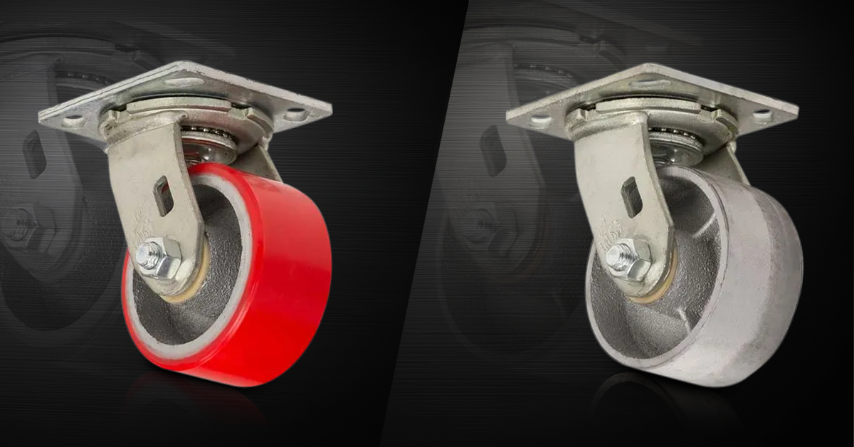 Two industrial swivel casters, one red, one gray, on a black background.