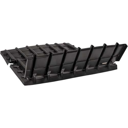 Black plastic sled with raised sides and cross supports.