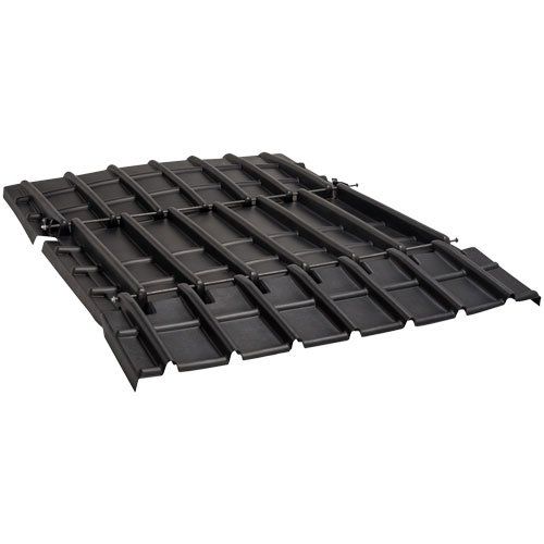 Black, interlocking ramp system on a white background, designed for accessibility.