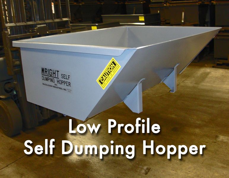 Gray, low-profile self-dumping hopper on a forklift; yellow caution sticker.