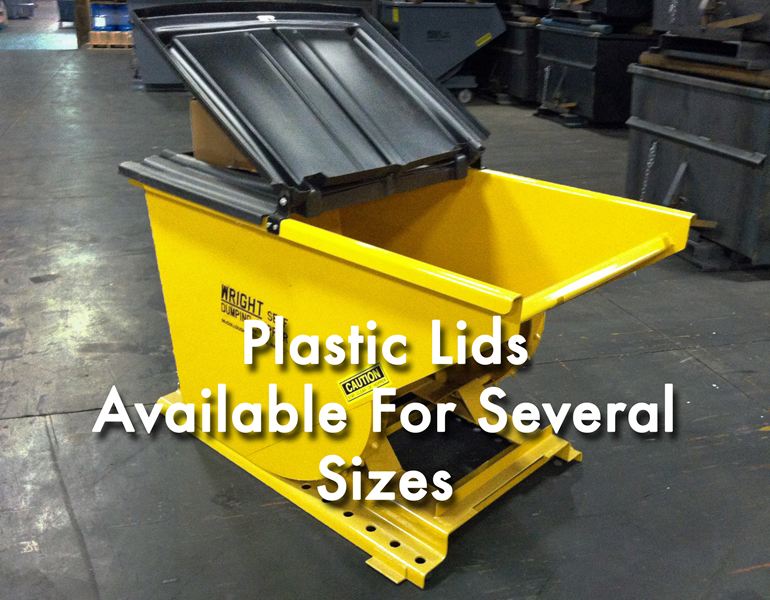 Yellow metal industrial container with open black plastic lid. 