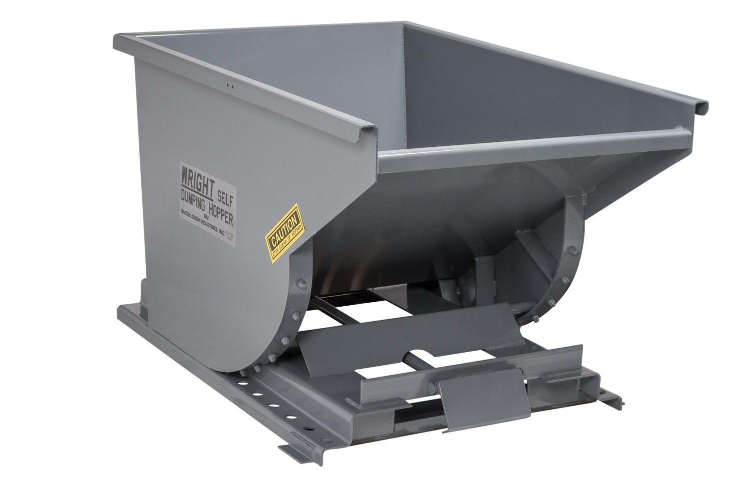 Gray metal self-dumping hopper on a rectangular base, designed for industrial material handling.