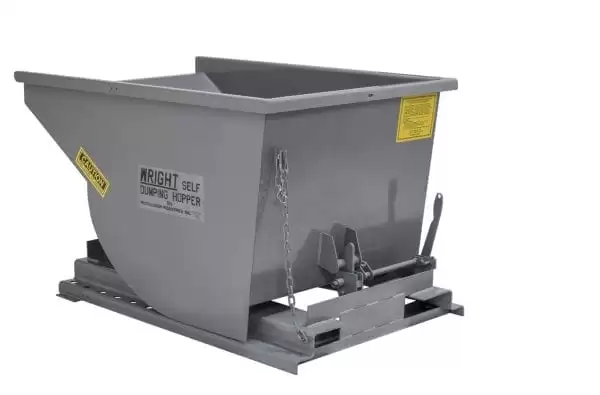 Gray steel self-dumping hopper on a metal base, with a chain, and lever.