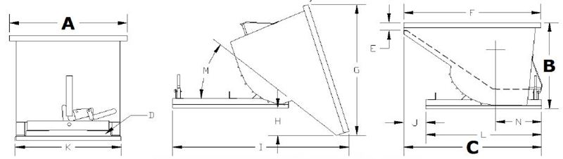 Diagram of a device with labeled dimensions A, B, C, etc. with views from different angles.