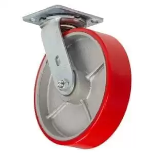 Red and silver swivel caster wheel with a metal mounting plate.