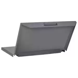Gray metal grill lid, open, with handle.