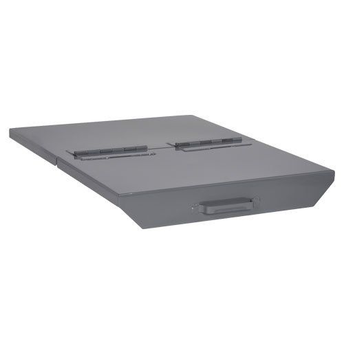 Gray rectangular metal access cover with hinges and a handle.