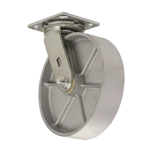 Silver swivel caster wheel with a solid metal wheel and mounting plate.