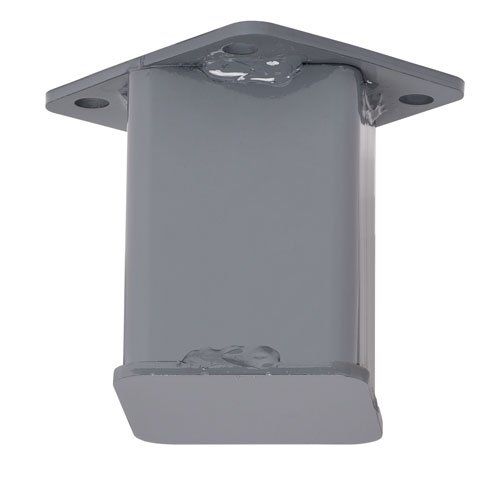 Gray metal furniture leg, rectangular post with a top and bottom plate, each with holes.