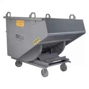 Gray metal self-dumping hopper on wheels, with lifting handles and a sloping front.