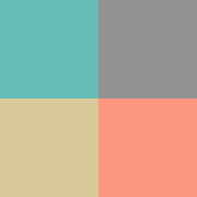 Four colored squares: teal, gray, beige, and coral.