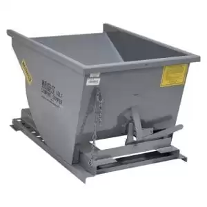 Gray steel dumping hopper, designed for use with a forklift.