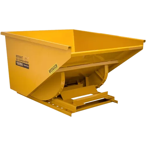 Yellow industrial dumpster with a tilting mechanism.