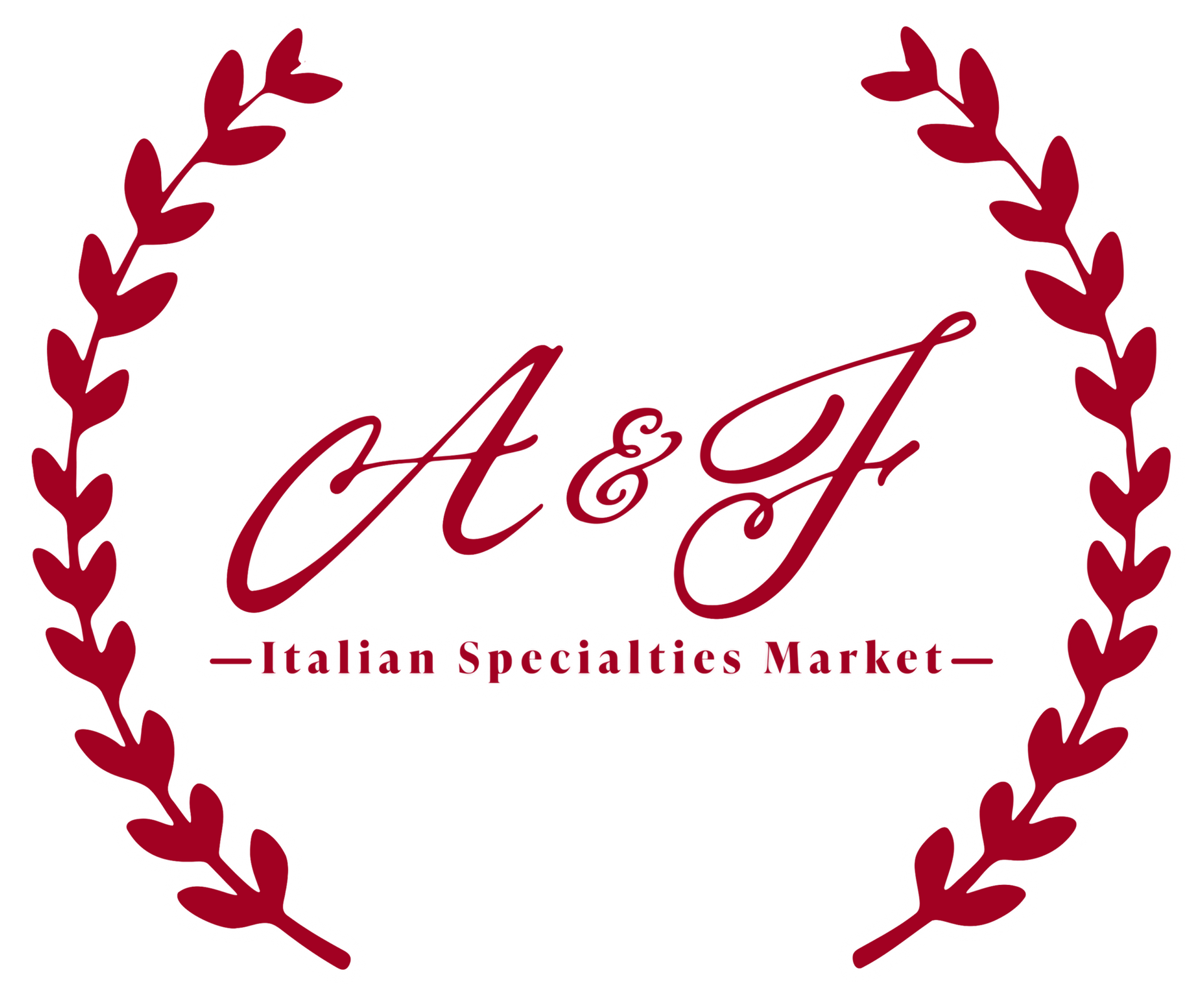 Maroon A&F logo in script, framed by olive branches, with “Italian Specialties Market” beneath