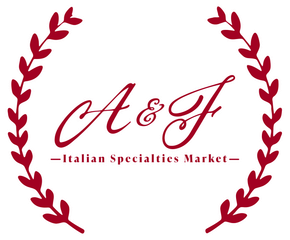 Maroon A&F logo in script, framed by olive branches, with &ldquo;Italian Specialties Market&rdquo; beneath