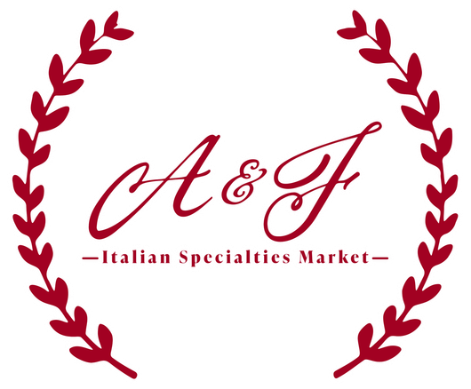 Maroon A&F logo in script, framed by olive branches, with &ldquo;Italian Specialties Market&rdquo; beneath