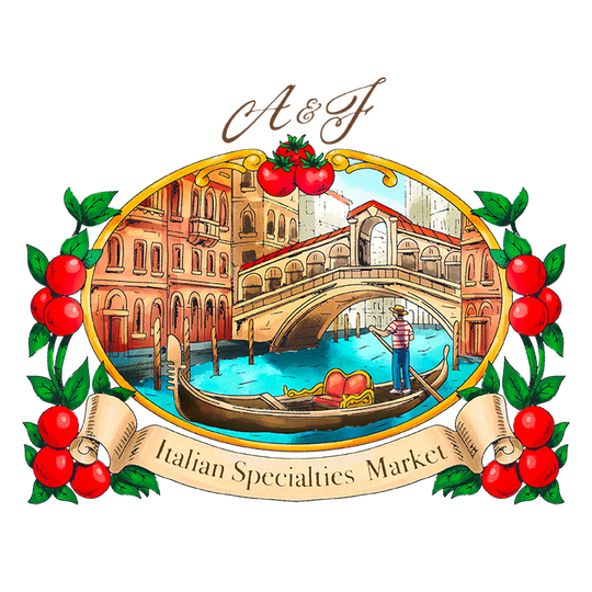 A&F Italian Specialties Market logo with Venice canal, bridge, and red tomato and fruit accents