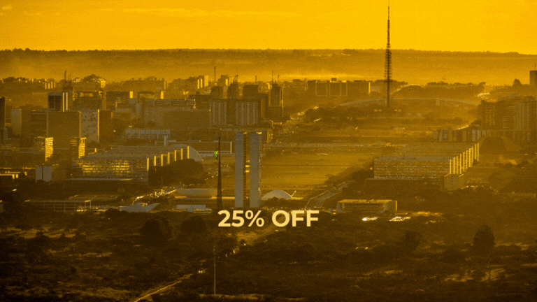 Paisagem urbana dourada ao pôr do sol com o texto