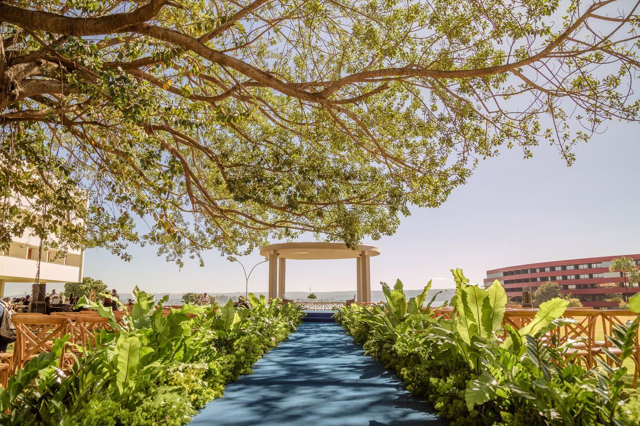 Corredor de casamento com carpete azul, plantas verdes e um dossel com vista para o oceano sob uma árvore.
