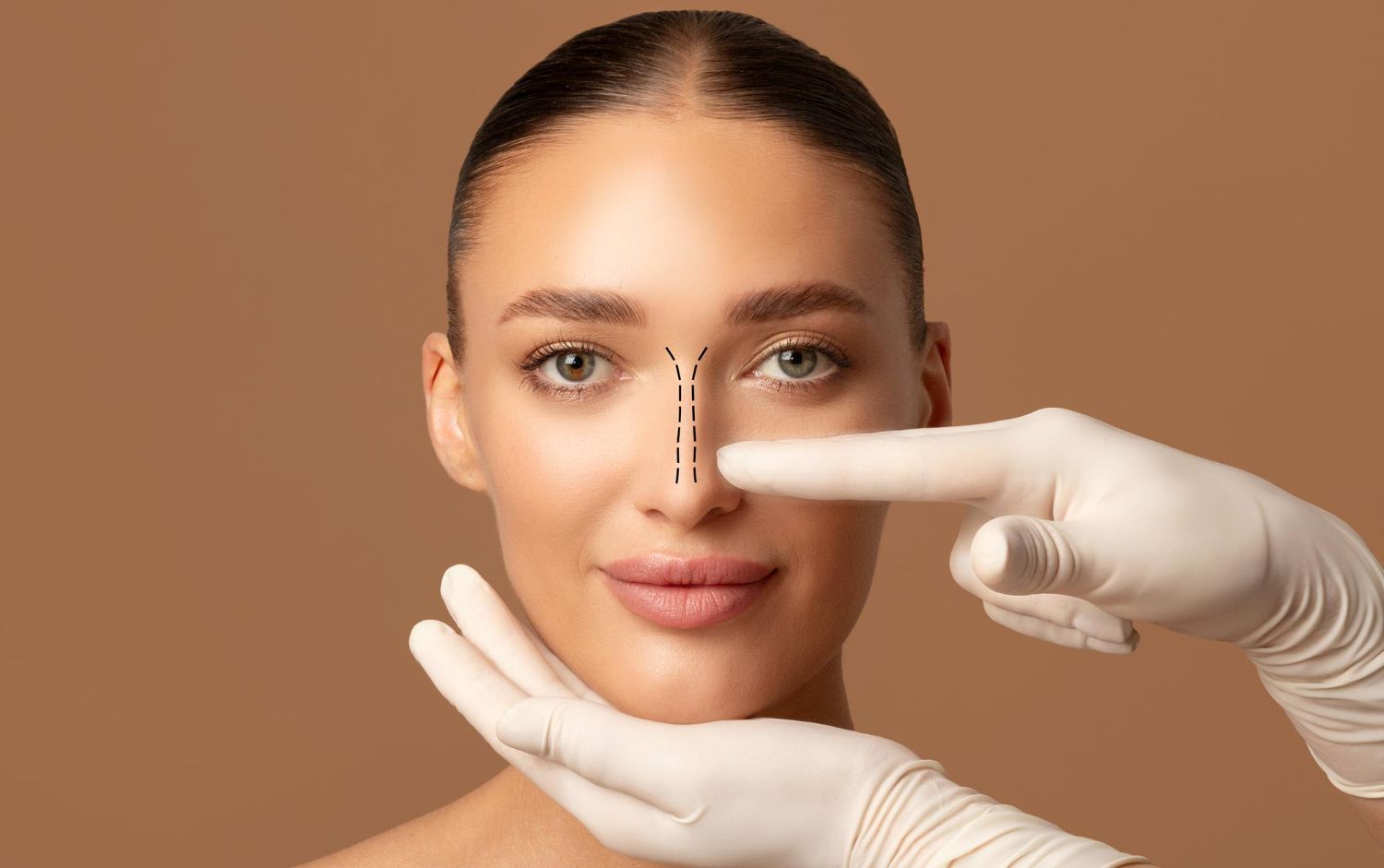 Gloved hands measure a woman’s face with a dotted vertical guide on her nose, suggesting cosmetic assessment