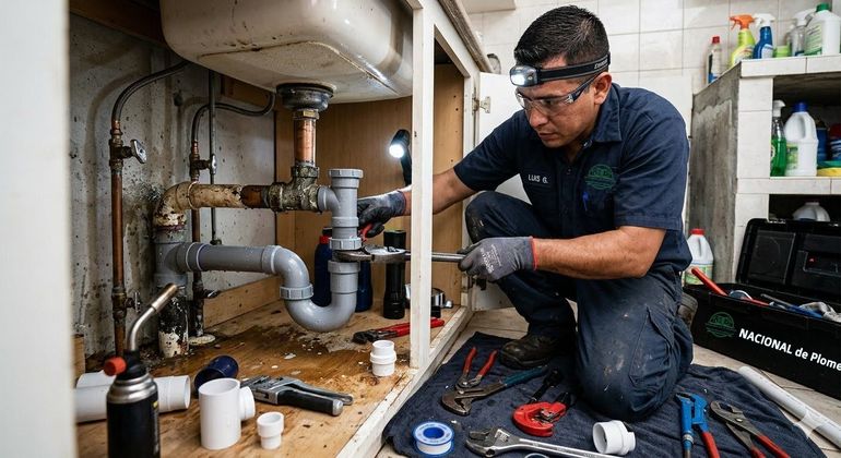 Manos enguantadas usando una llave inglesa para apretar el tubo de desagüe de un lavabo de baño debajo de un lavabo blanco.