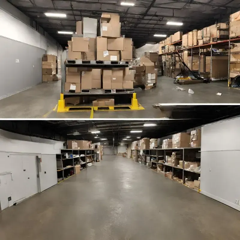Two pictures of a warehouse filled with boxes and shelves
