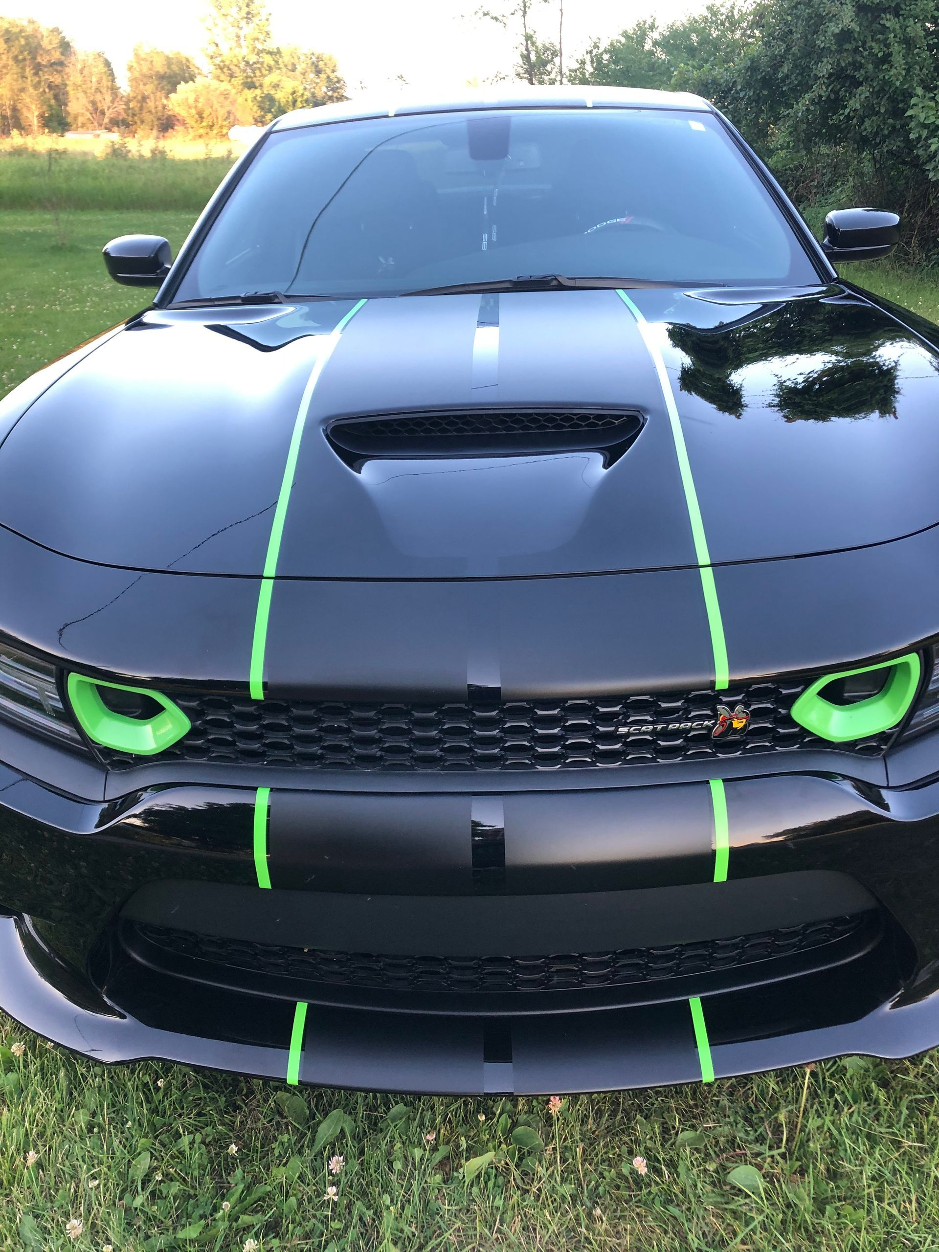 A black car with green stripes on the front is parked in the grass