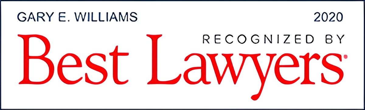 Gary E. Williams, Best Lawyers 2020. Red text, white background, black border.