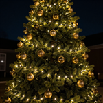 Christmas tree with warm white lights and gold ornaments at night