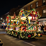 Festively decorated Christmas parade float glowing with lights and red bows on a city street at night