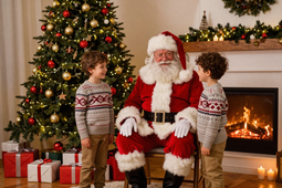 Santa sitting between two children by a decorated Christmas tree and fireplace with presents nearby