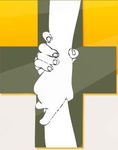 Two hands clasping a forearm over a yellow and green cross-like background.