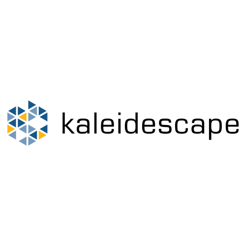 Kaleidoscape logo with blue and orange geometric icon and black wordmark on white background
