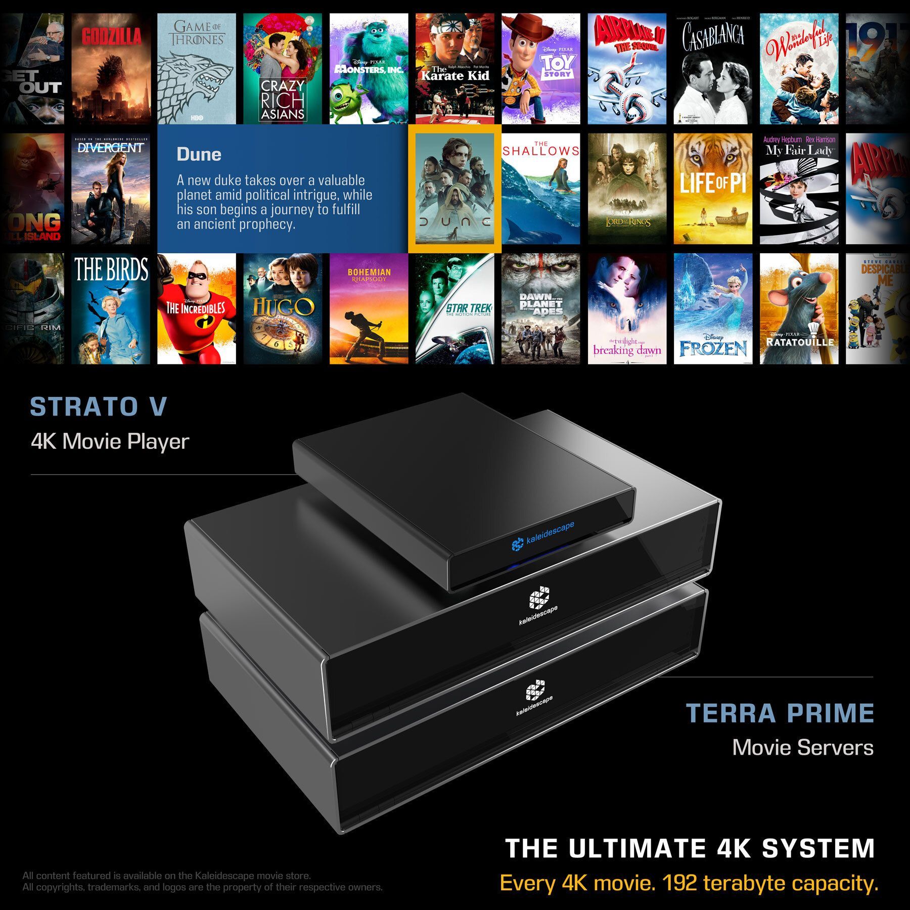 STRATO V 4K media player and TERRA PRIME server with movie thumbnails on a black background