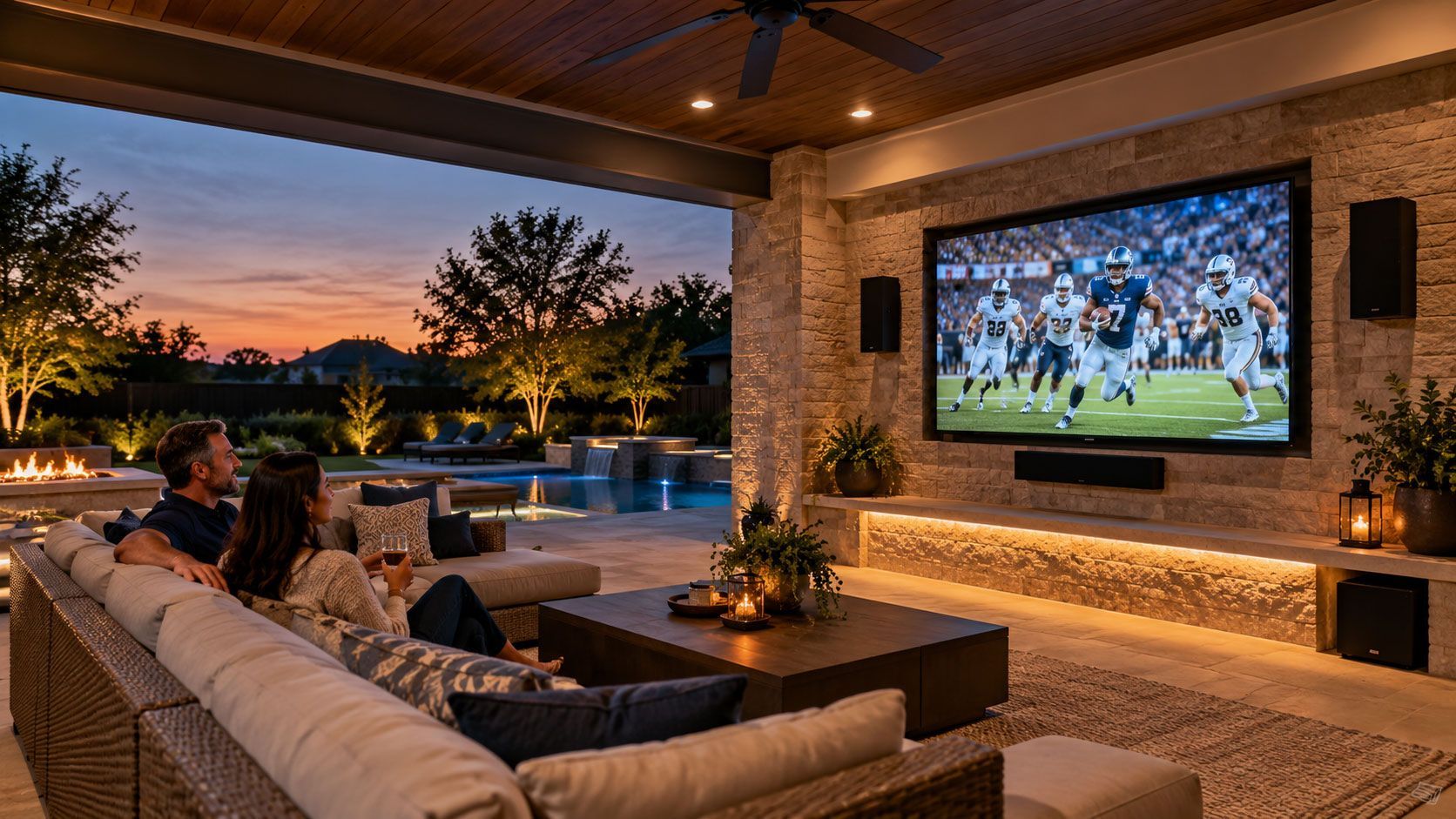 Upscale covered outdoor living space with professionally installed television and outdoor audio system