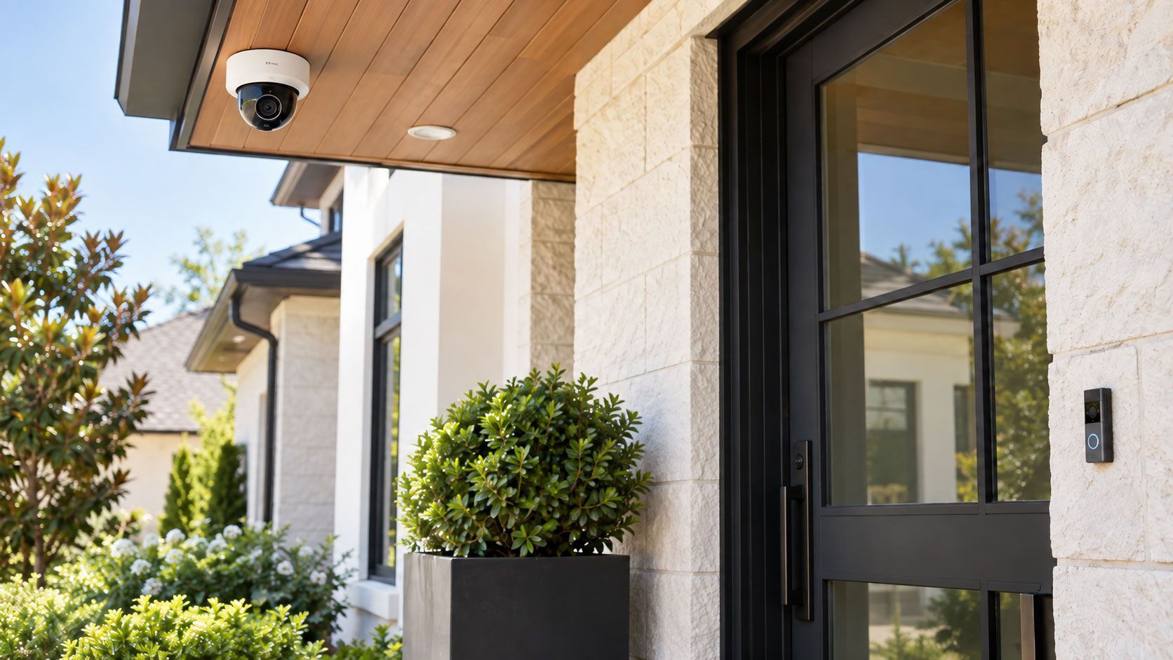 Modern Houston-area home entrance with professionally installed surveillance camera and video doorbell