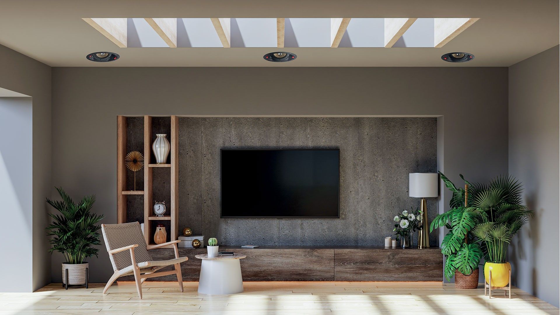 Modern living room with a wall-mounted TV, skylights, armchair, plants, and wooden shelving.