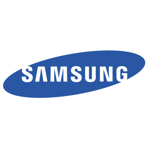 Samsung logo in white on a blue oval background