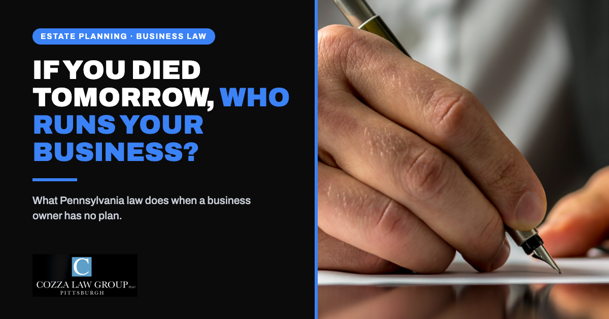 Business owner in a suit signing a document next to the headline If You Died Tomorrow, Who Runs Your