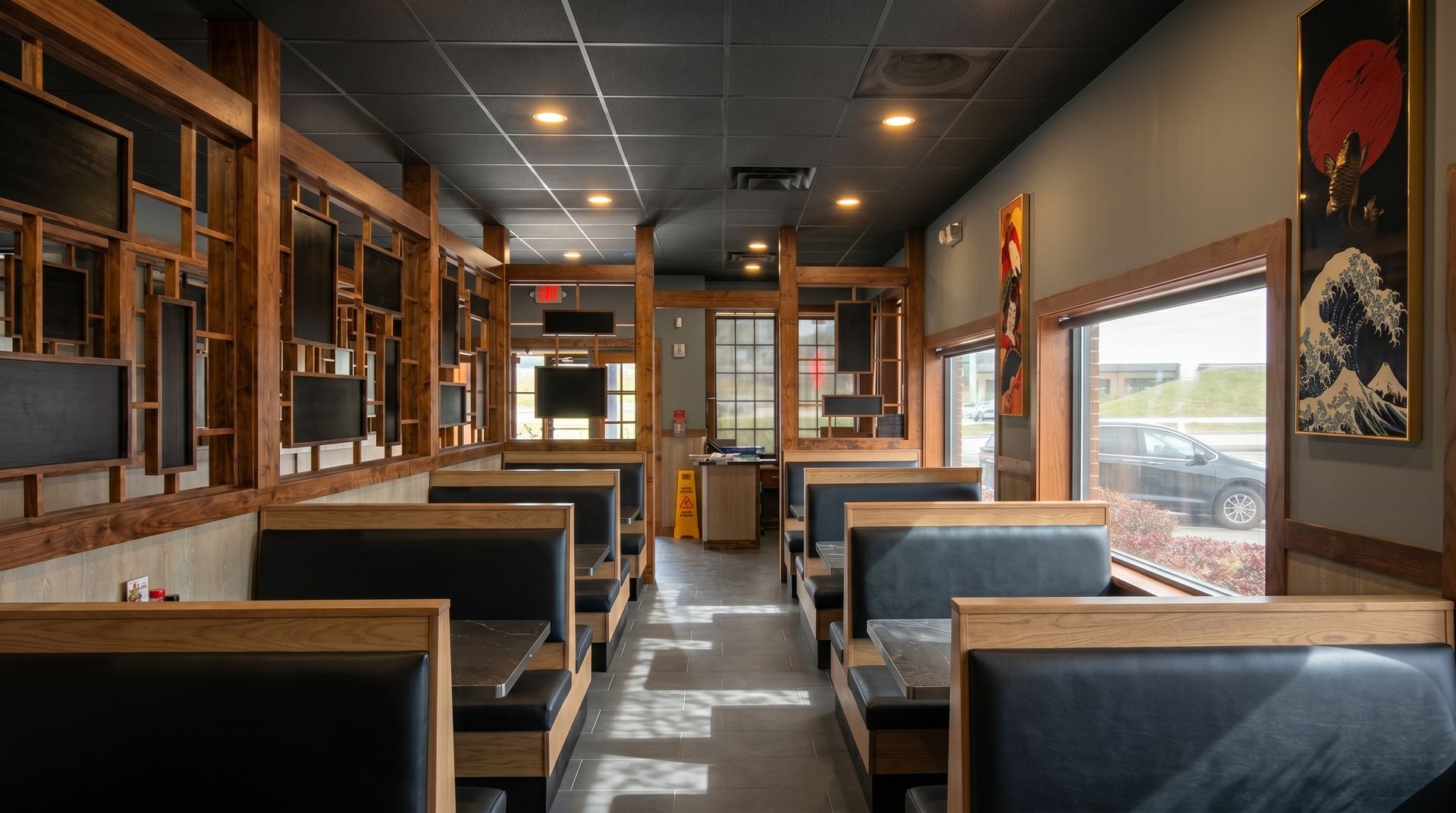 Empty vintage train dining car with blue booths, wood paneling, and overhead lights