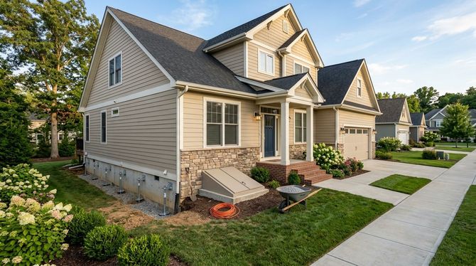Suburban beige house with garage, front porch, and walkway in a landscaped neighborhood