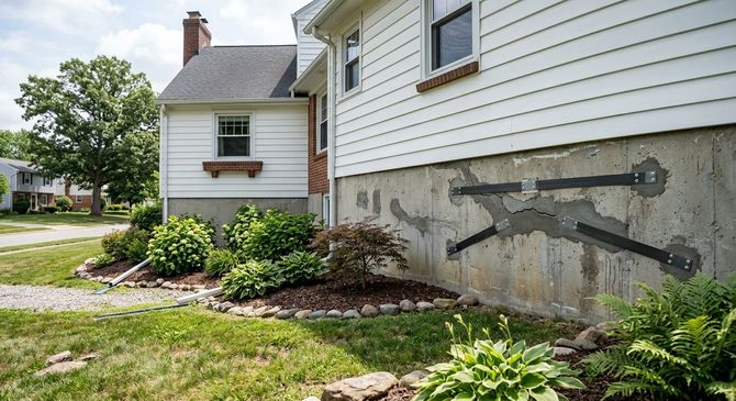 House exterior with a damaged concrete foundation wall and landscaping along the side yard
