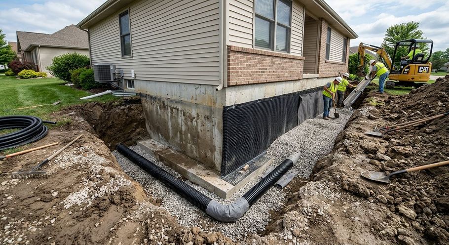 Workers waterproofing a house foundation with gravel and drainage piping around the exterior.
