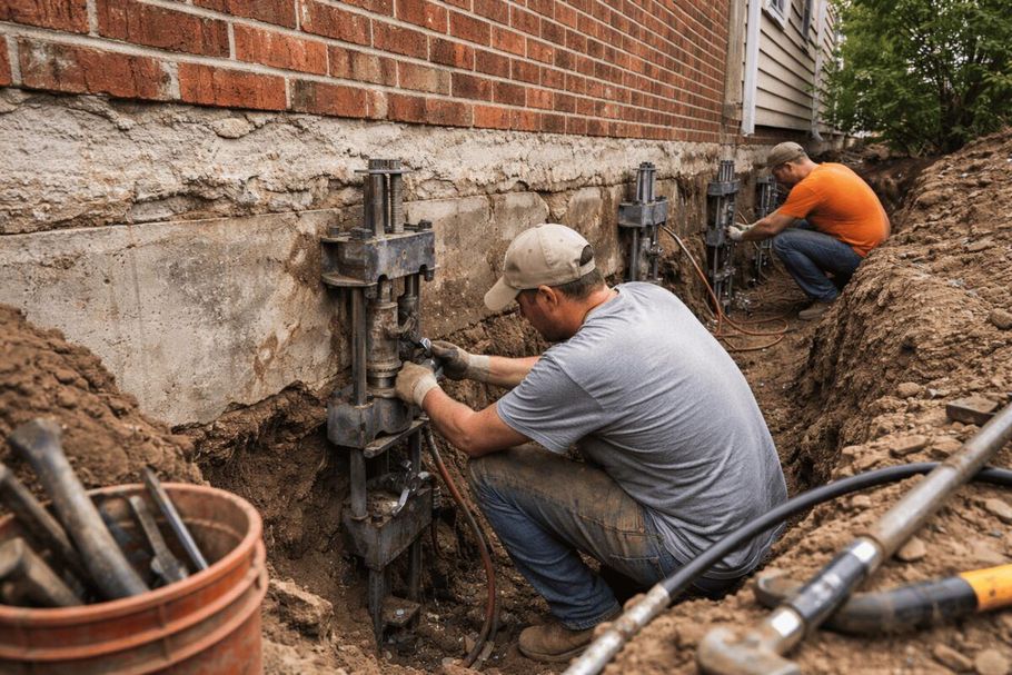 Workers digging and repairing a trench beside a brick building with exposed pipes and utility lines