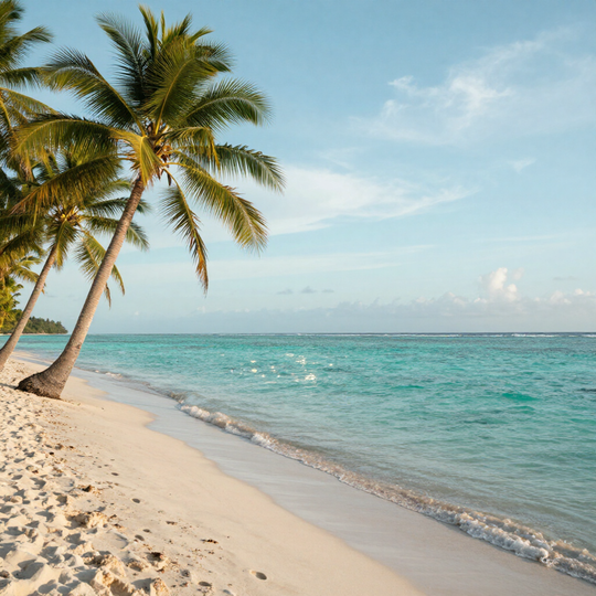 Sunny tropical beach with leaning palm trees, turquoise water, and gentle waves on white sand