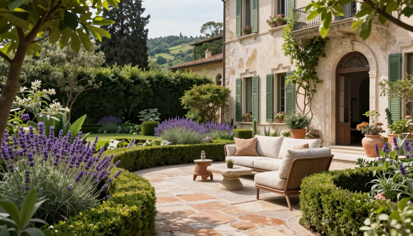 Giardino residenziale curato sui Colli Bolognesi durante la stagione estiva